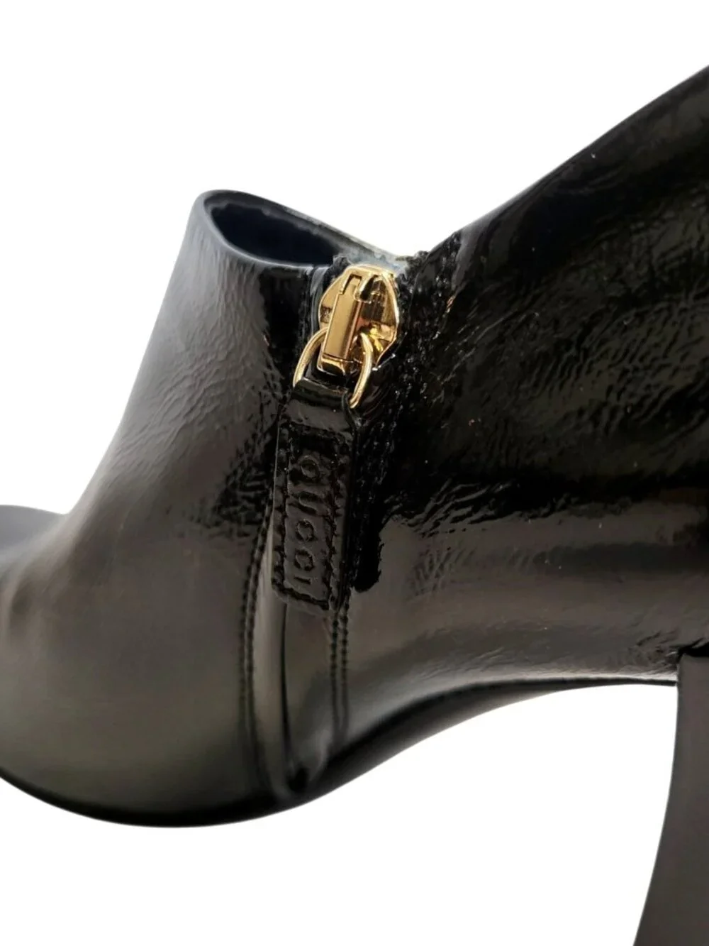 Gucci Hysteria Patent Leather Ankle Booties Crest Logo Heels